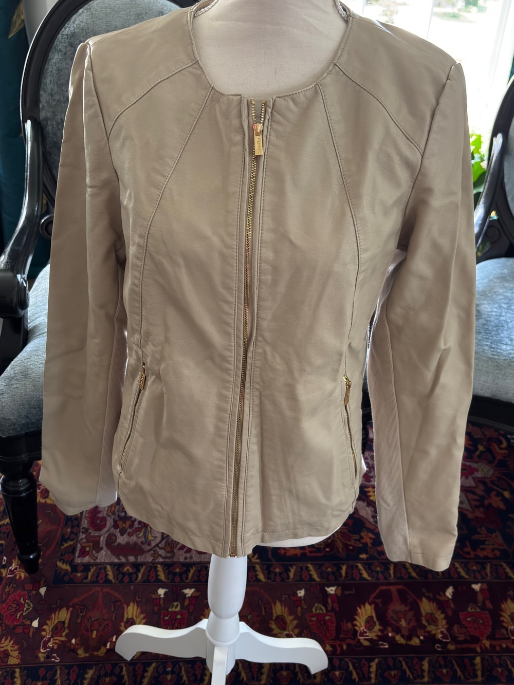 Calvin Klein Beige Zip-Front Leather Jacket